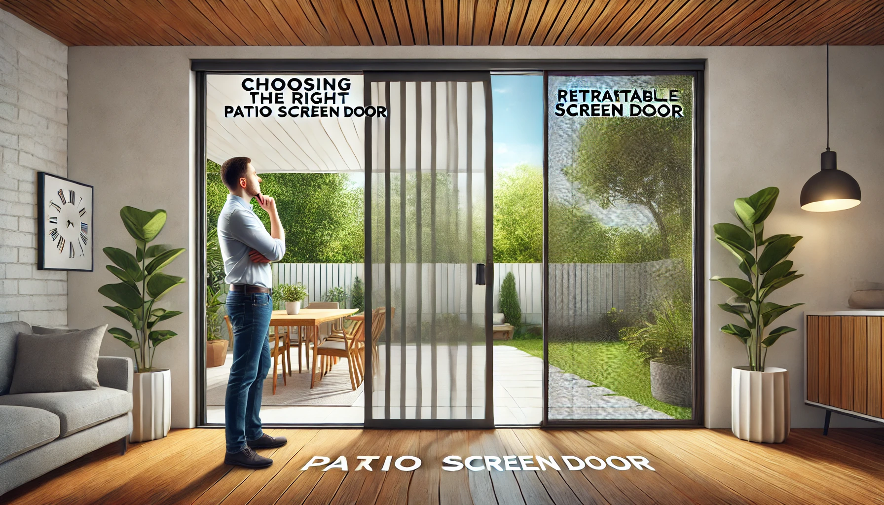 DALL·E 2025-03-09 22.36.29 - A modern patio with a sliding glass door, showcasing a high-quality retractable screen door. The scene is bright and inviting, with a well-maintained .webp